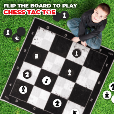 SWOOC Games - 3-in-1 Giant Checkers, Chess, & Chess Tac Toe Game With Mat (4ft x 4ft) - Machine-Washable Canvas & 5" Big Foam Discs - Giant Chess Set Outdoor & Checkers Board Game for Adults & Kids - Jumbo Games - Giant Tic Tac Toe Game - Checker Board