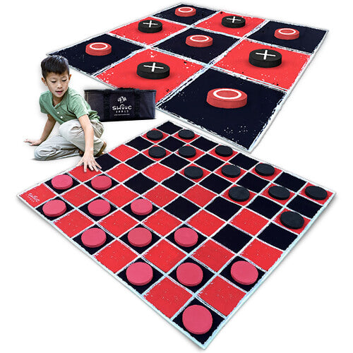 2-in-1 Vintage Giant Checkers & Tic Tac Toe Game with Mat