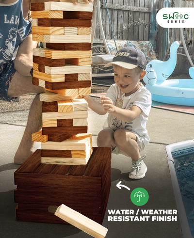 SWOOC Games - Reclaimed Giant Tower Game (Weather Resistant) 60 Blocks + Storage Crate / Outdoor Game Table | Stacks up to 5ft | Giant Outdoor Games For Adults | Large Yard Games | Jumbo Lawn Games | Backyard Games | Camping Games | Outdoor Games for Kids