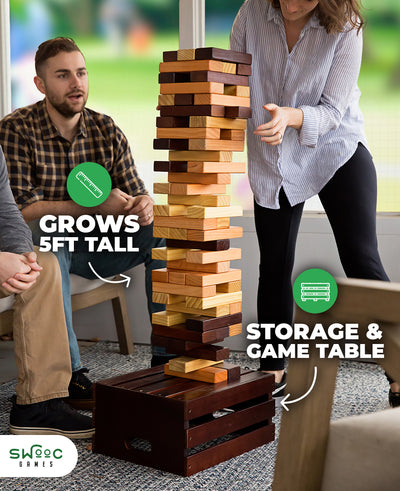 SWOOC Games - Reclaimed Giant Tower Game (Weather Resistant) 60 Blocks + Storage Crate / Outdoor Game Table | Stacks up to 5ft | Giant Outdoor Games For Adults | Large Yard Games | Jumbo Lawn Games | Backyard Games | Camping Games | Outdoor Games for Kids