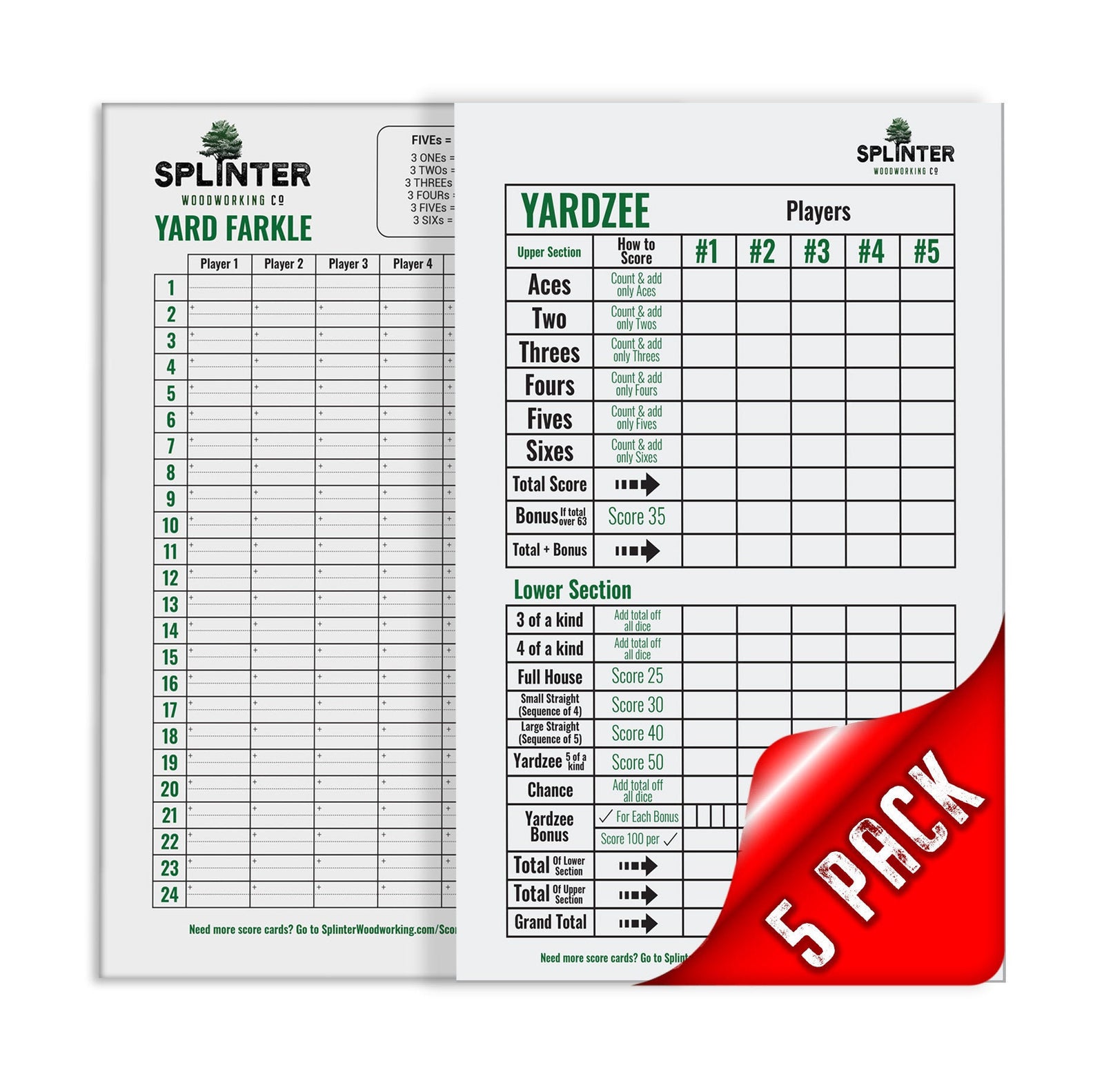 5 Pack Premium Yardzee & Farkle Scorecards