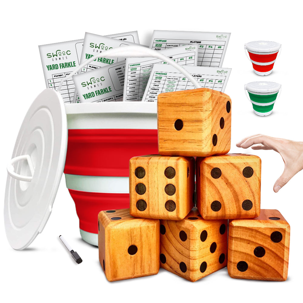 Yardzee & Farkle Giant Dice with Collapsible Bucket (20+ Games Included)