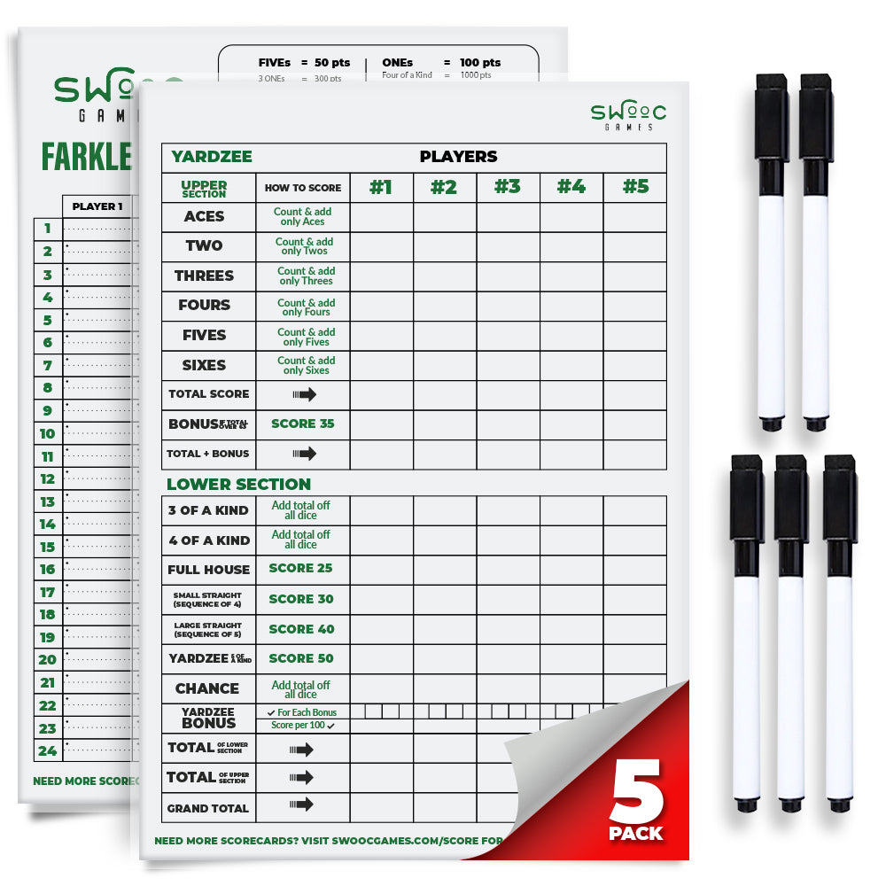 5 Pack Premium Yardzee & Farkle Scorecards