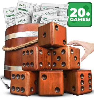Yardzee & Farkle Giant Dice with Wooden Bucket (20+ Games Included)